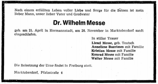 Messe Wilhelm 1905-1980 Todesanzeige